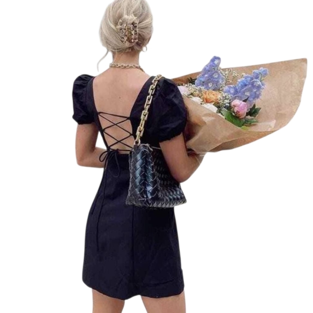 Zara Black Lace-up Back Puff Sleeve Mini Dress Size‎ XS